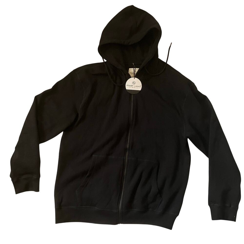 Kizzel Luxury Black Zip Hoodie Mens XL Minimal Streetwear Full Zip Hoodie